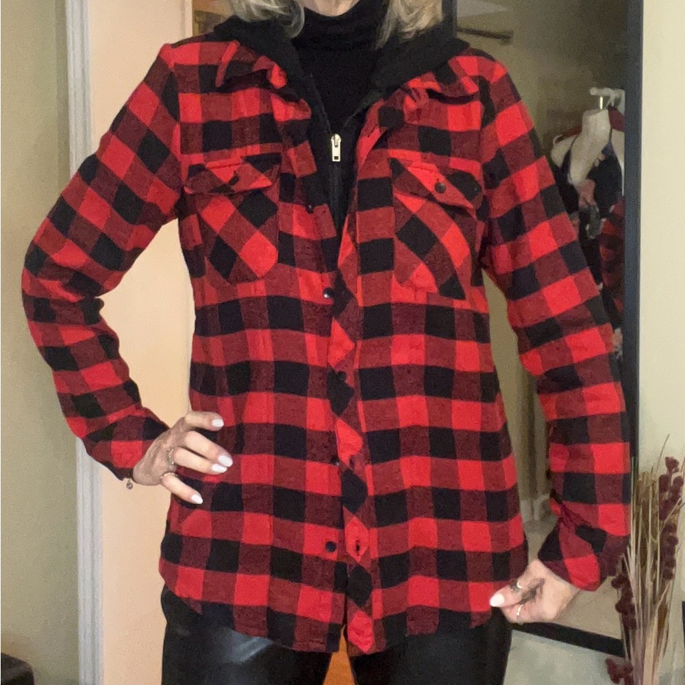 Ci Sono Red and Black Plaid Button-Up Shirt with zipper inlay